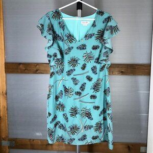 MOLLY BRACKEN Green Leaf Motif Lined‎ Ruffle V Neck Dress Sz L